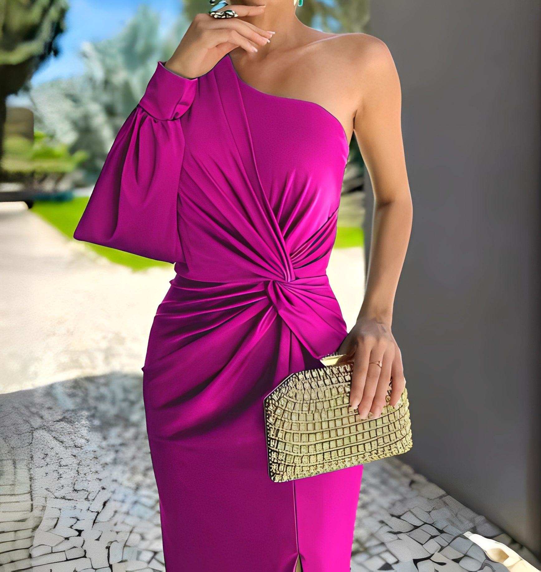 Erica - Langes Kleid mit asymmetrischer Schulter und Schlitz für Frauen