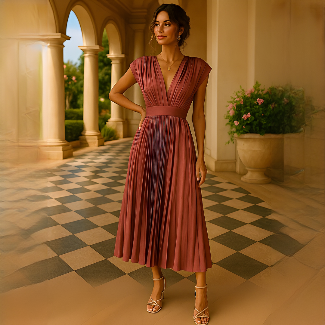 Elvira - Elegantes Midi-Kleid mit V-Ausschnitt und Plissee