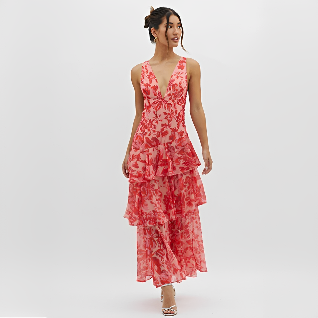 Faye - Elegantes Kleid mit fließendem Stoff, V-Ausschnitt und offenem Rücken