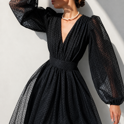 Emina - Schickes Langarm V-Ausschnitt Kleid