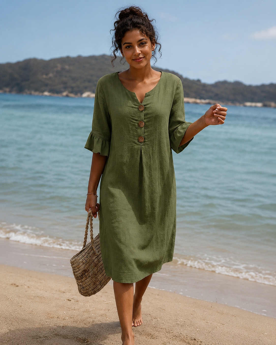 Éliane - Elegantes Knopf-V-Ausschnitt-Kleid