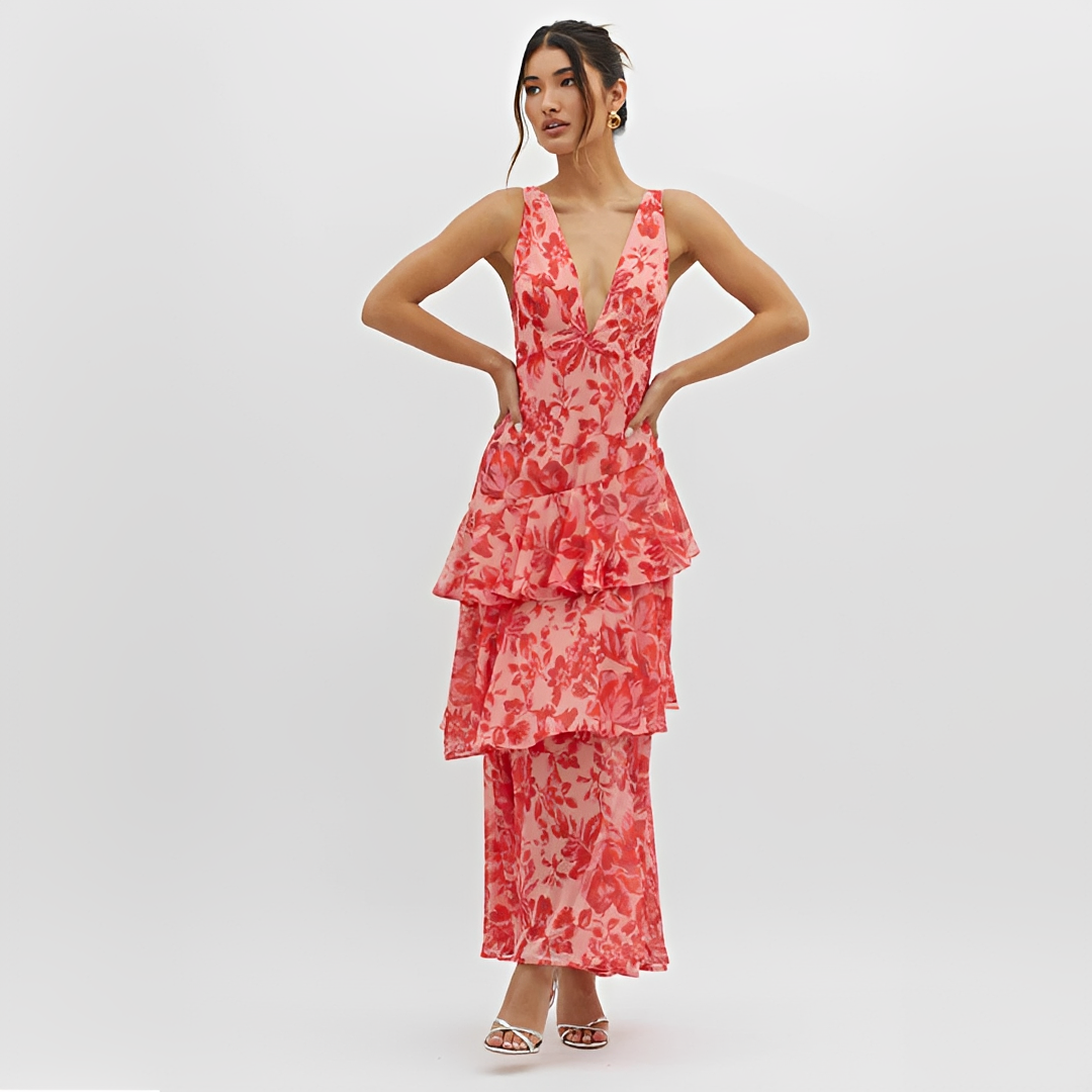 Faye - Elegantes Kleid mit fließendem Stoff, V-Ausschnitt und offenem Rücken