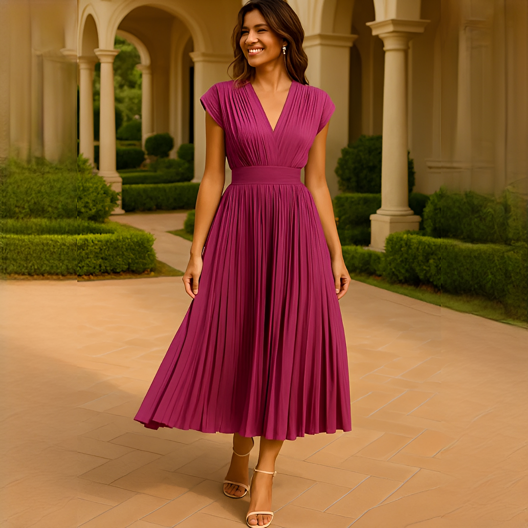 Elvira - Elegantes Midi-Kleid mit V-Ausschnitt und Plissee