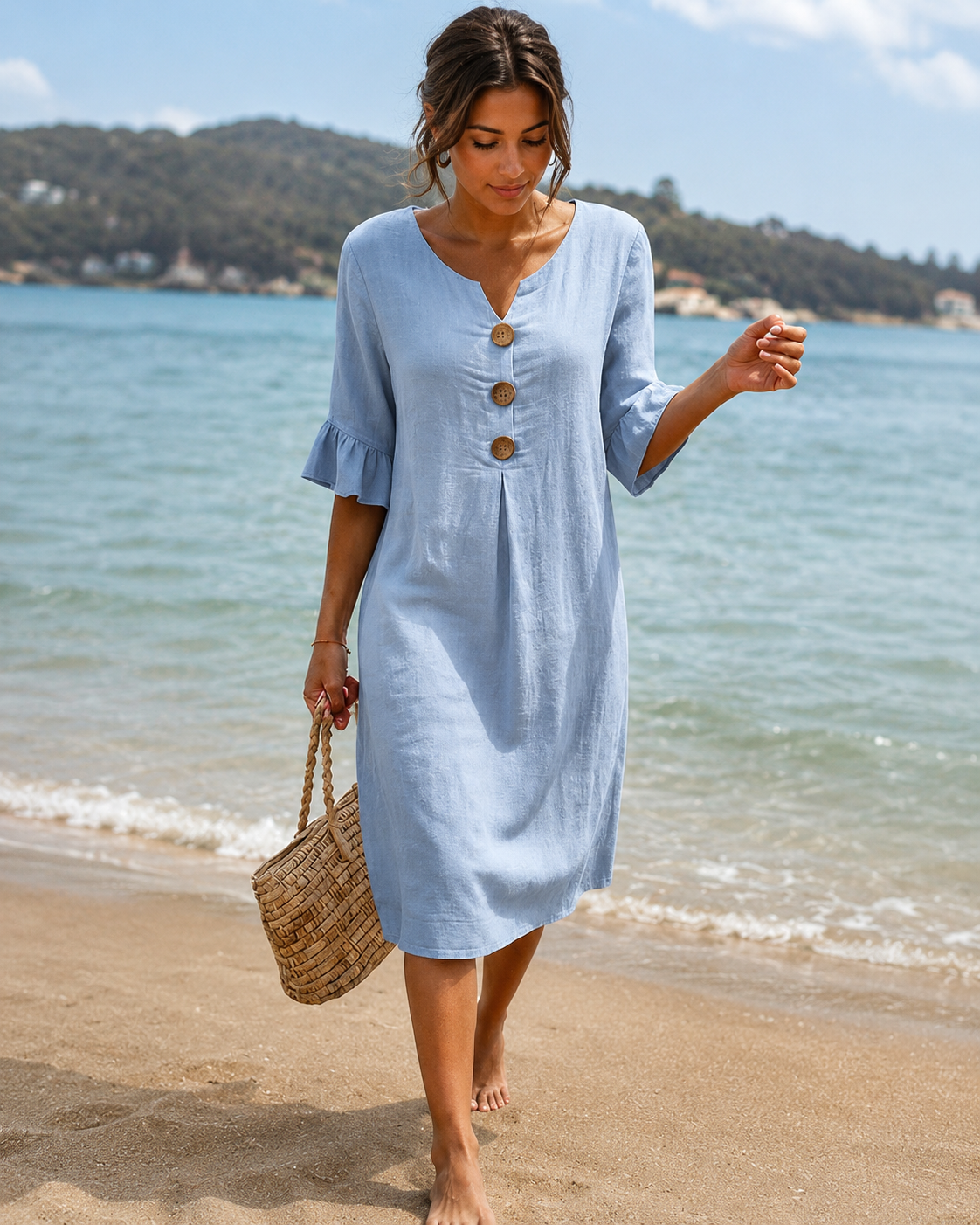 Éliane - Elegantes Knopf-V-Ausschnitt-Kleid