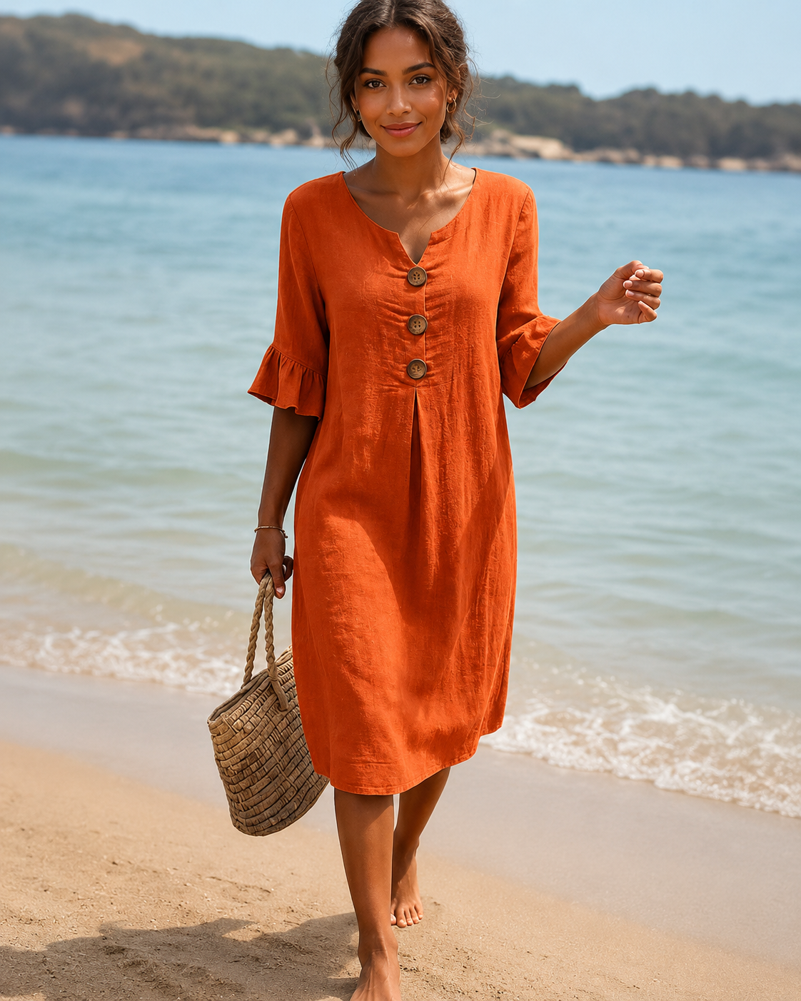 Éliane - Elegantes Knopf-V-Ausschnitt-Kleid