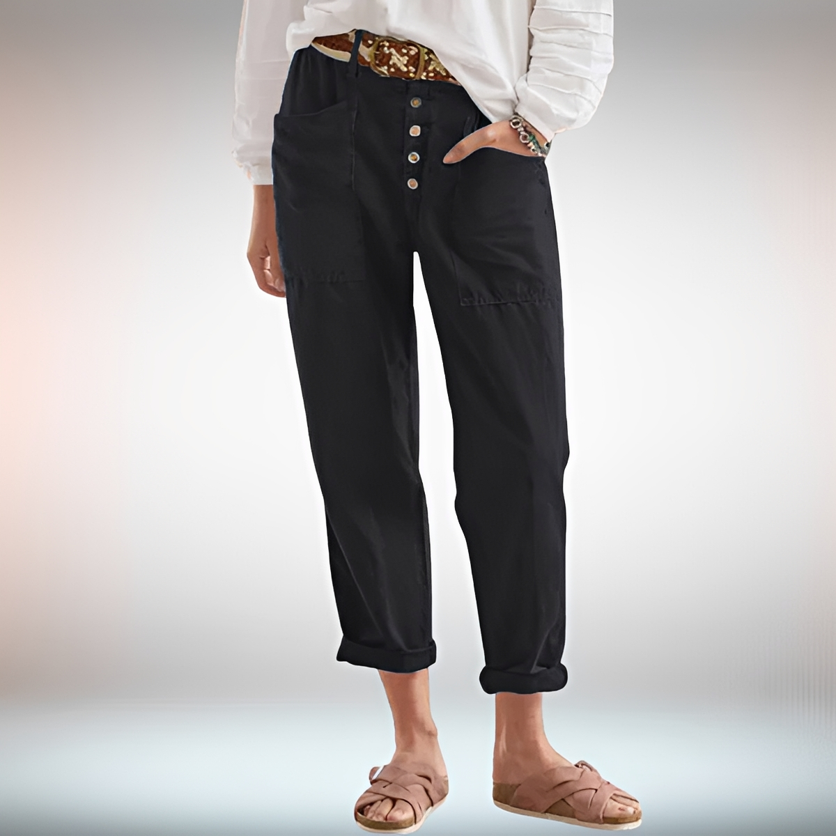 Rhonwen - Elegante, leger geschnittene Hose mit Knöpfen