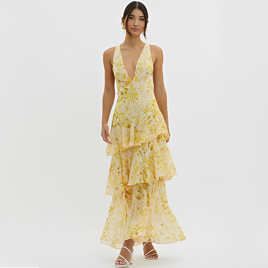 Faye - Elegantes Kleid mit fließendem Stoff, V-Ausschnitt und offenem Rücken