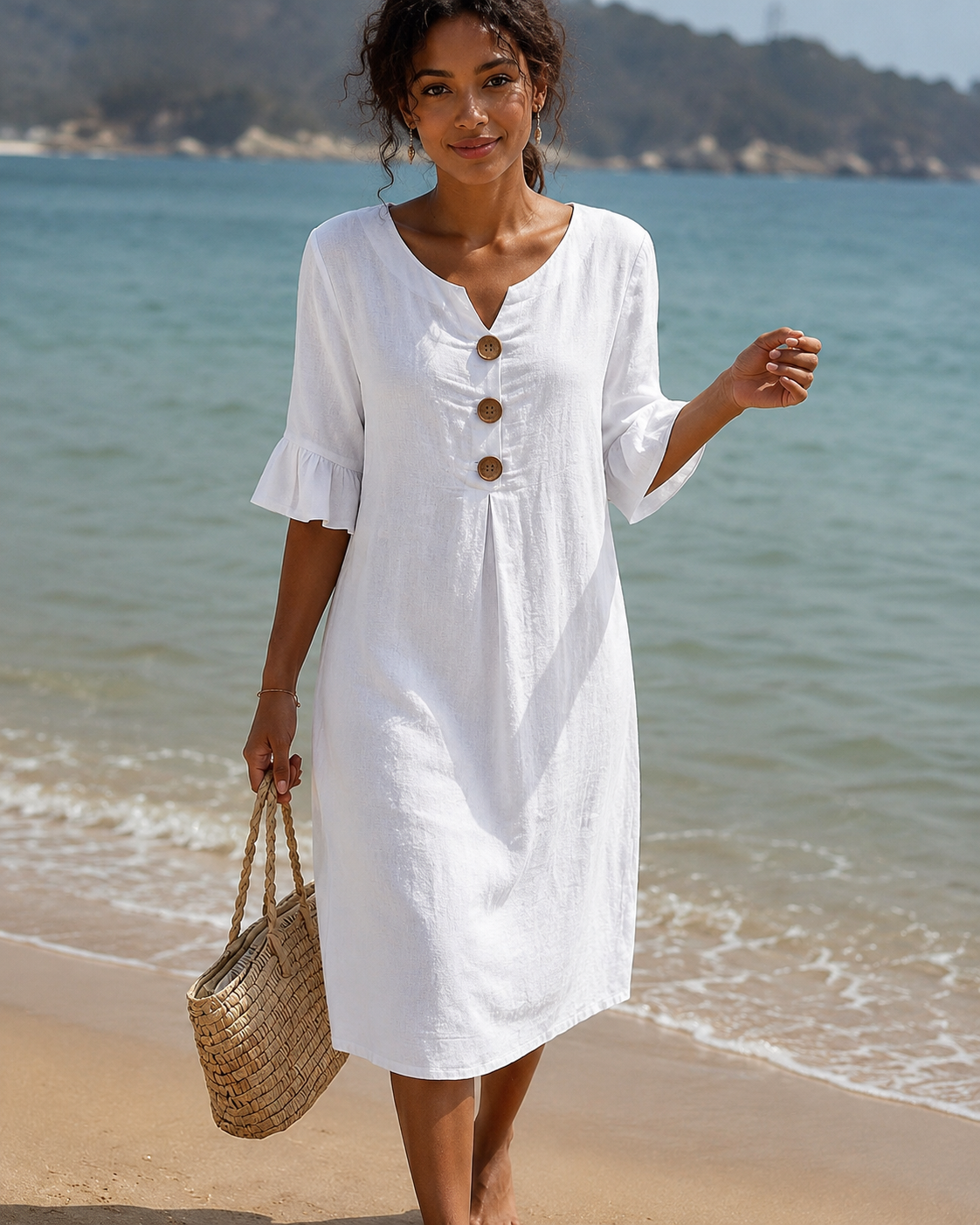Éliane - Elegantes Knopf-V-Ausschnitt-Kleid
