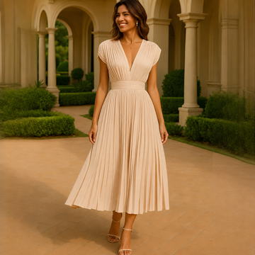 Elvira - Elegantes Midi-Kleid mit V-Ausschnitt und Plissee