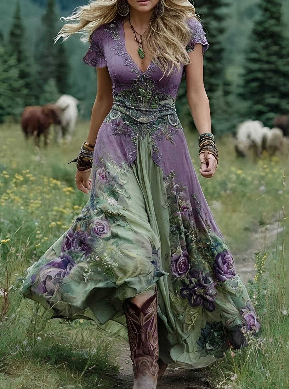 Erica - Langes elegantes Kleid mit Blumenmuster für Frauen