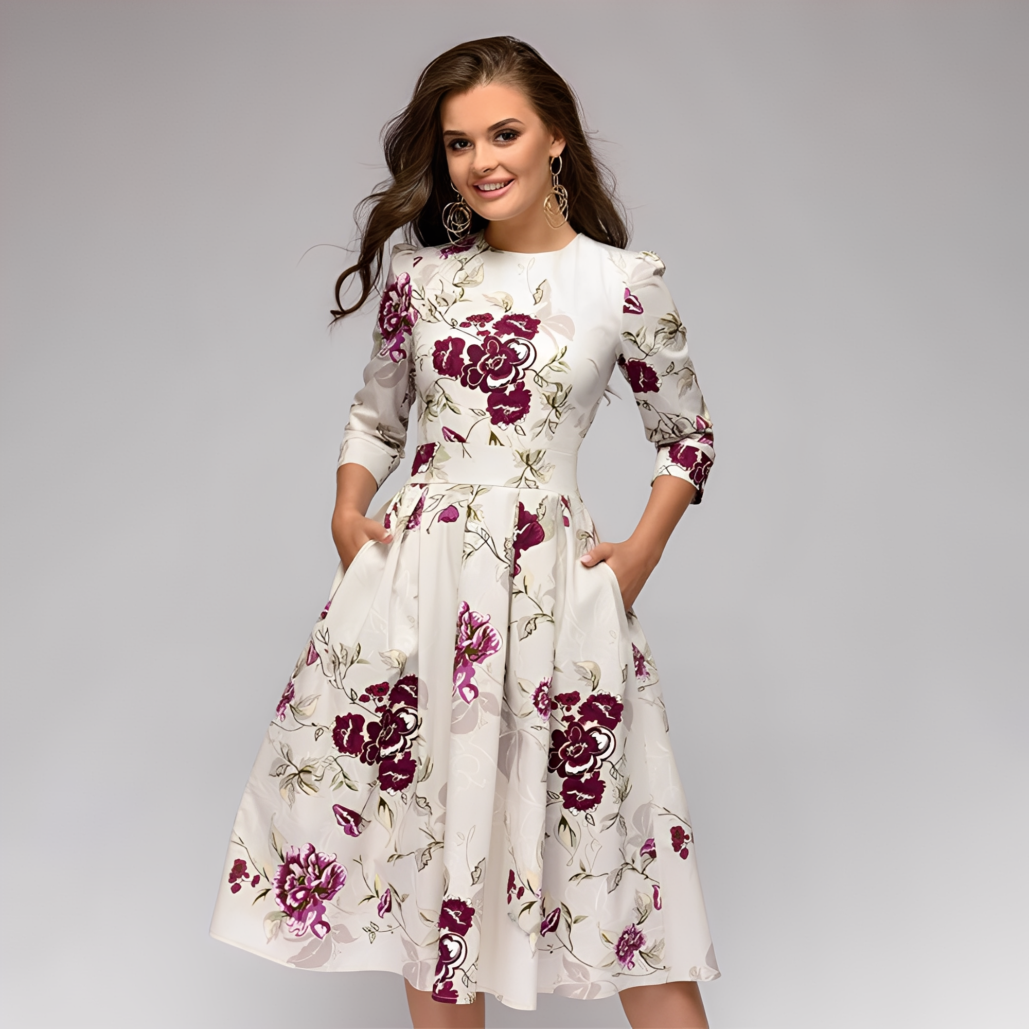 Elisabeth - Elegantes Damenkleid mit langen Ärmeln und Blumendruck