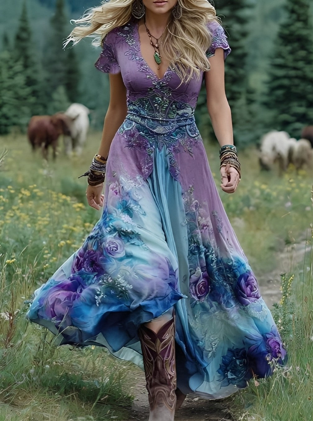 Erica - Langes elegantes Kleid mit Blumenmuster für Frauen
