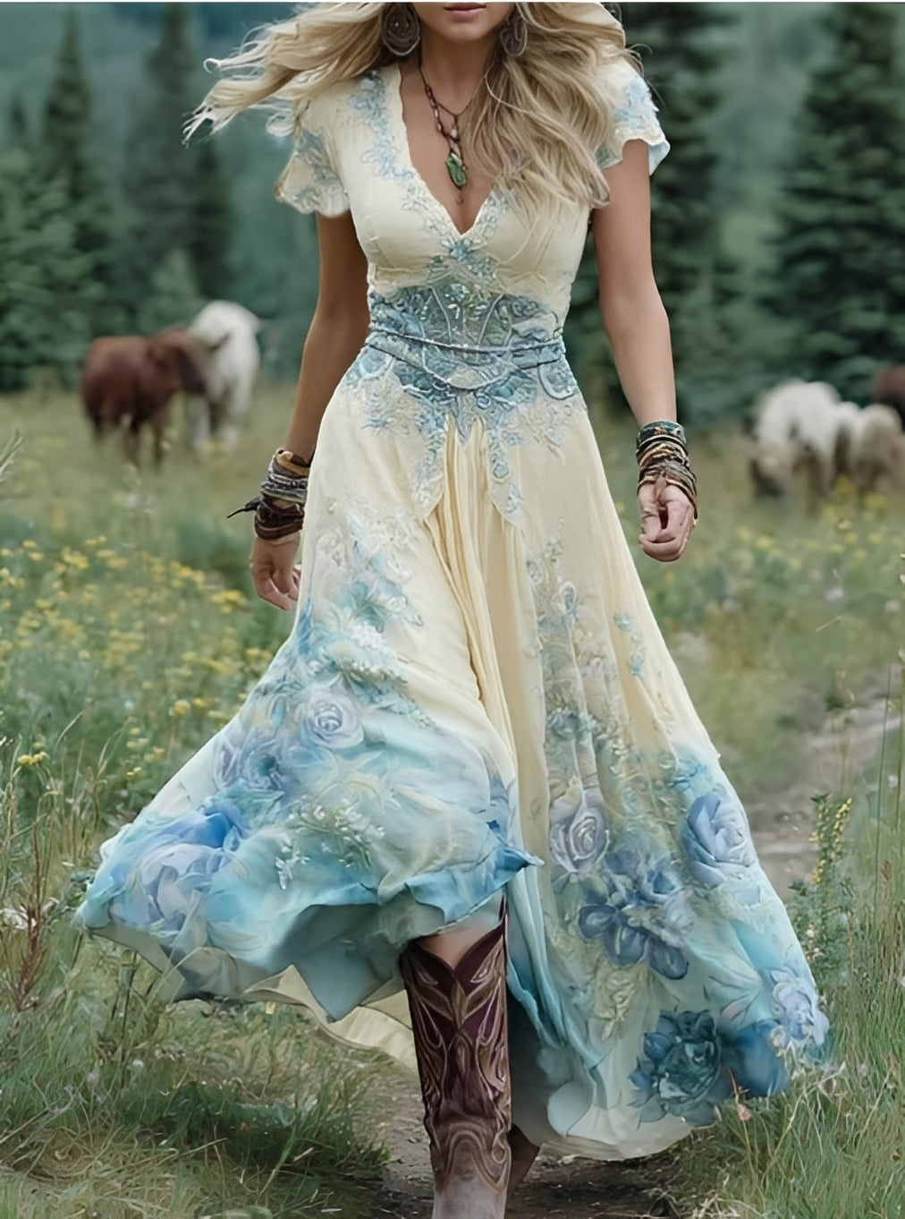 Erica - Langes elegantes Kleid mit Blumenmuster für Frauen