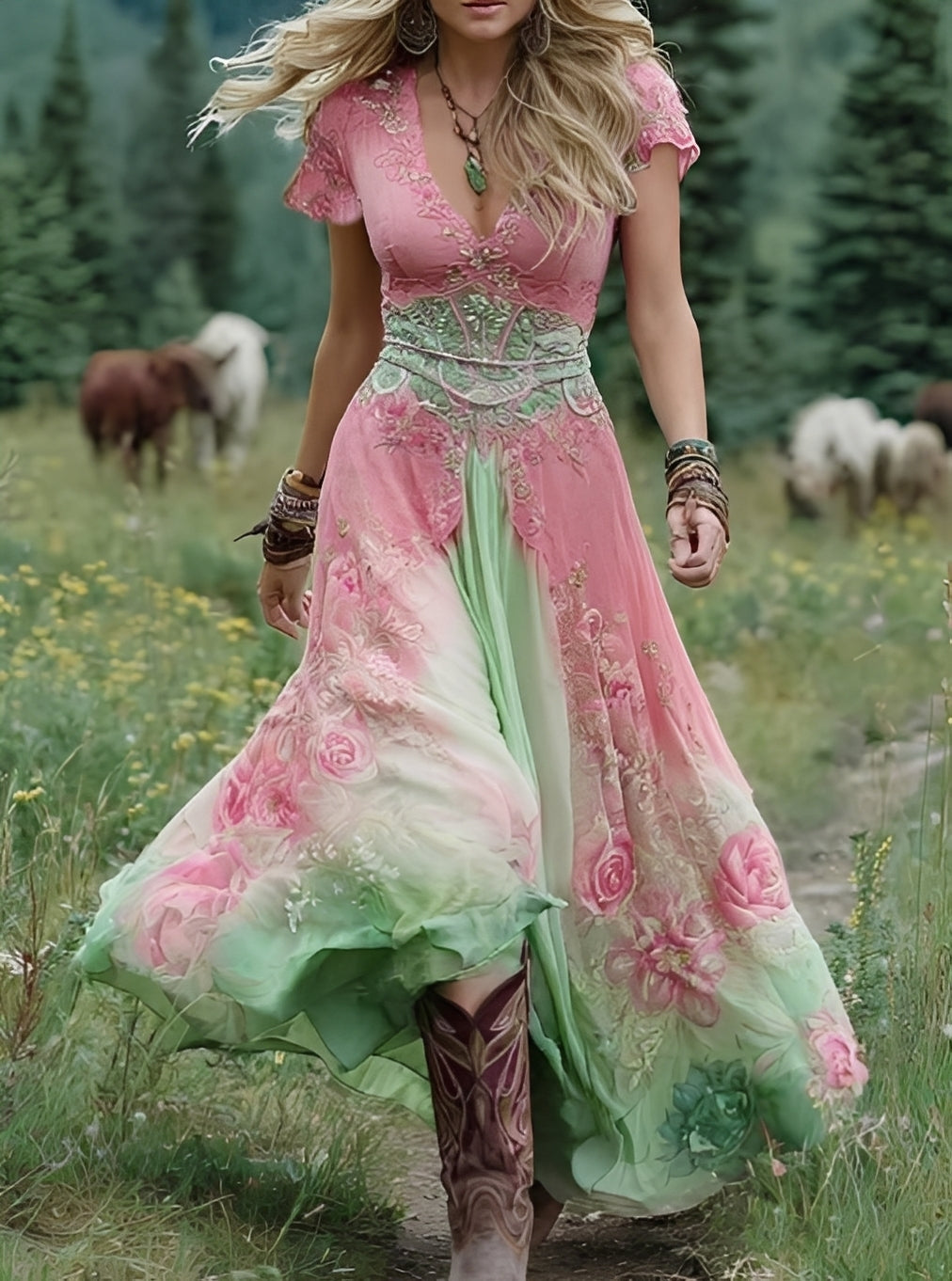 Erica - Langes elegantes Kleid mit Blumenmuster für Frauen