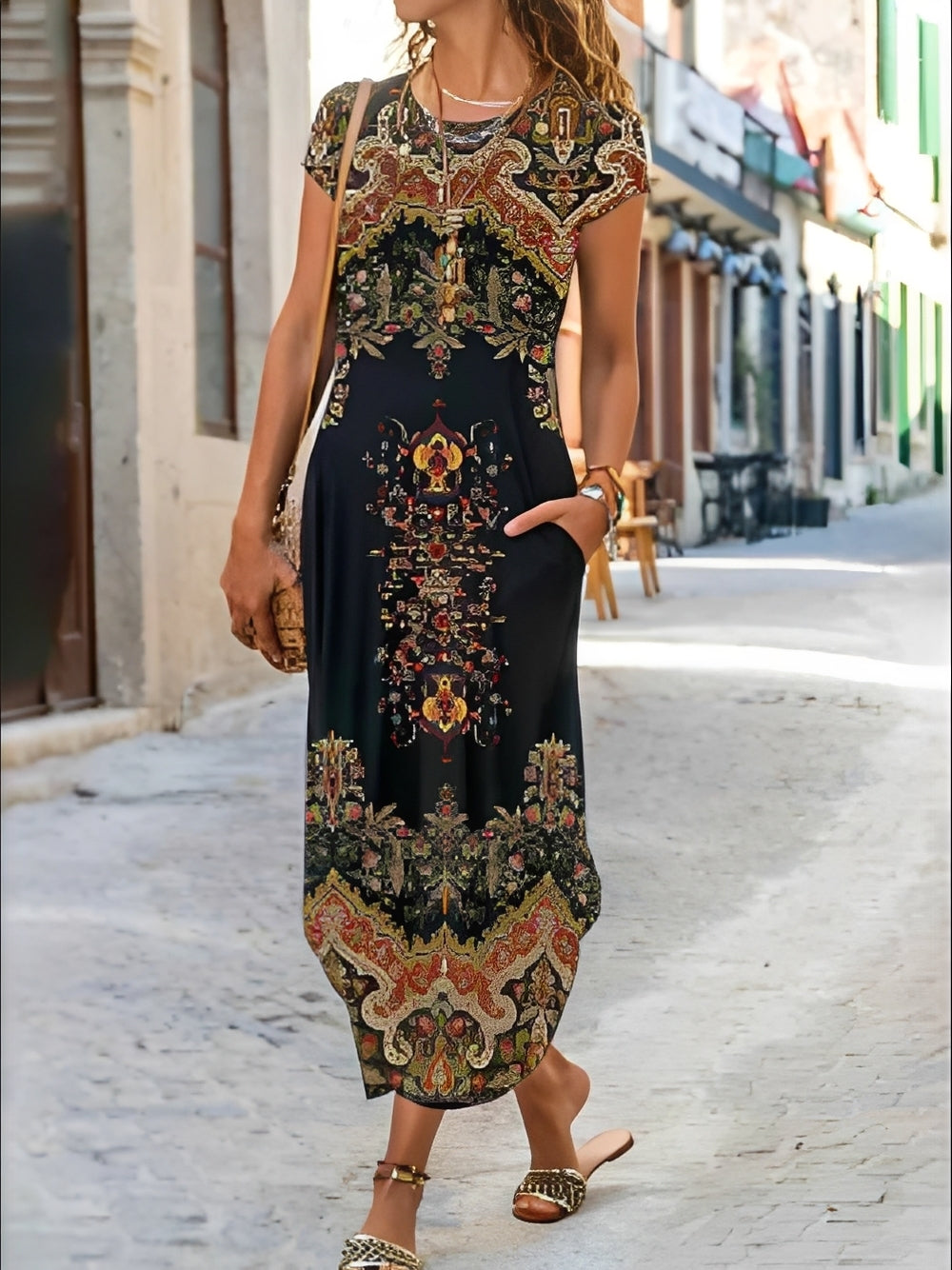 Mabel - Maxikleid mit kurzen Ärmeln und Druck für Damen
