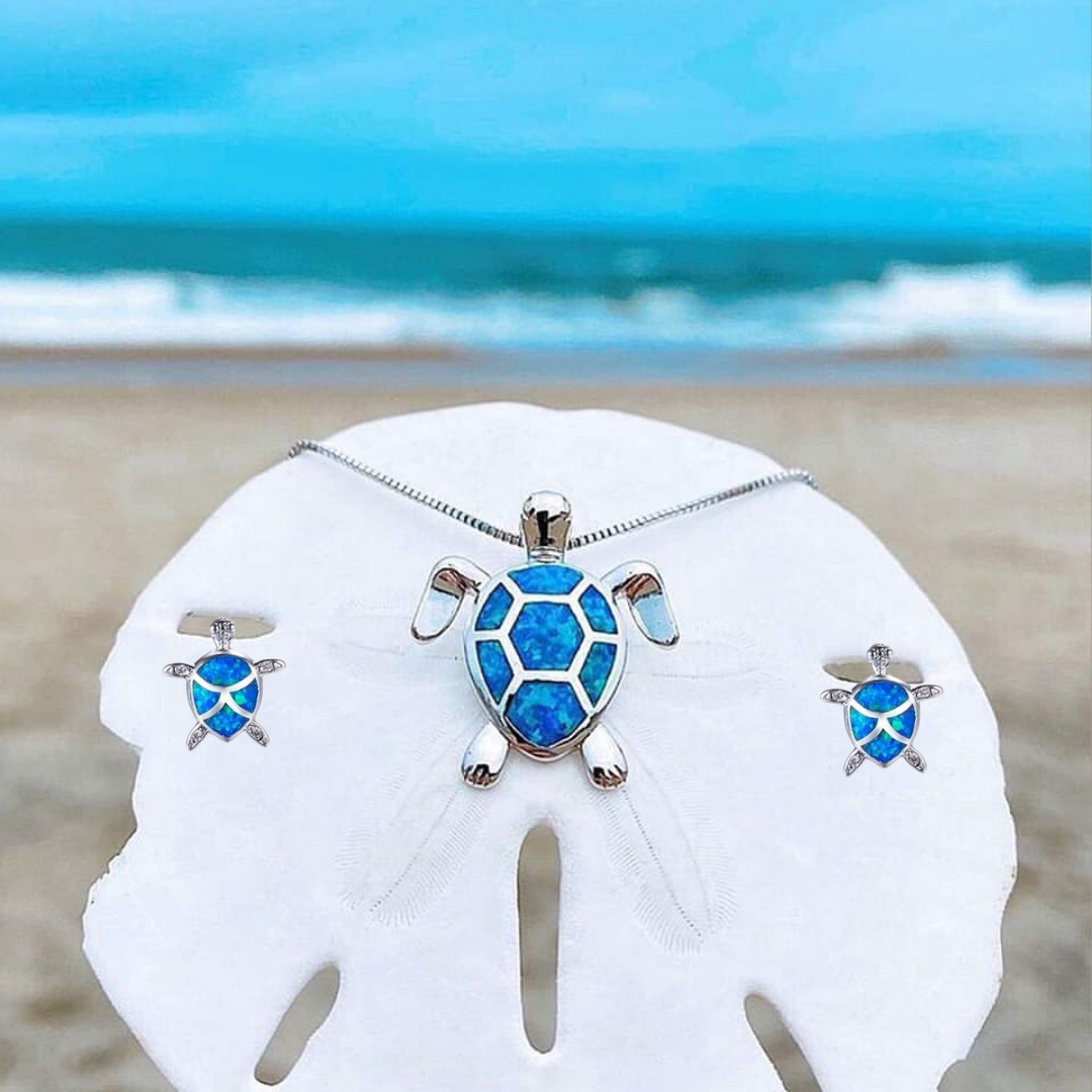 Kailea – Schmuckset mit Opal-Schildkröte und Silber (Halskette + Ohrringe)