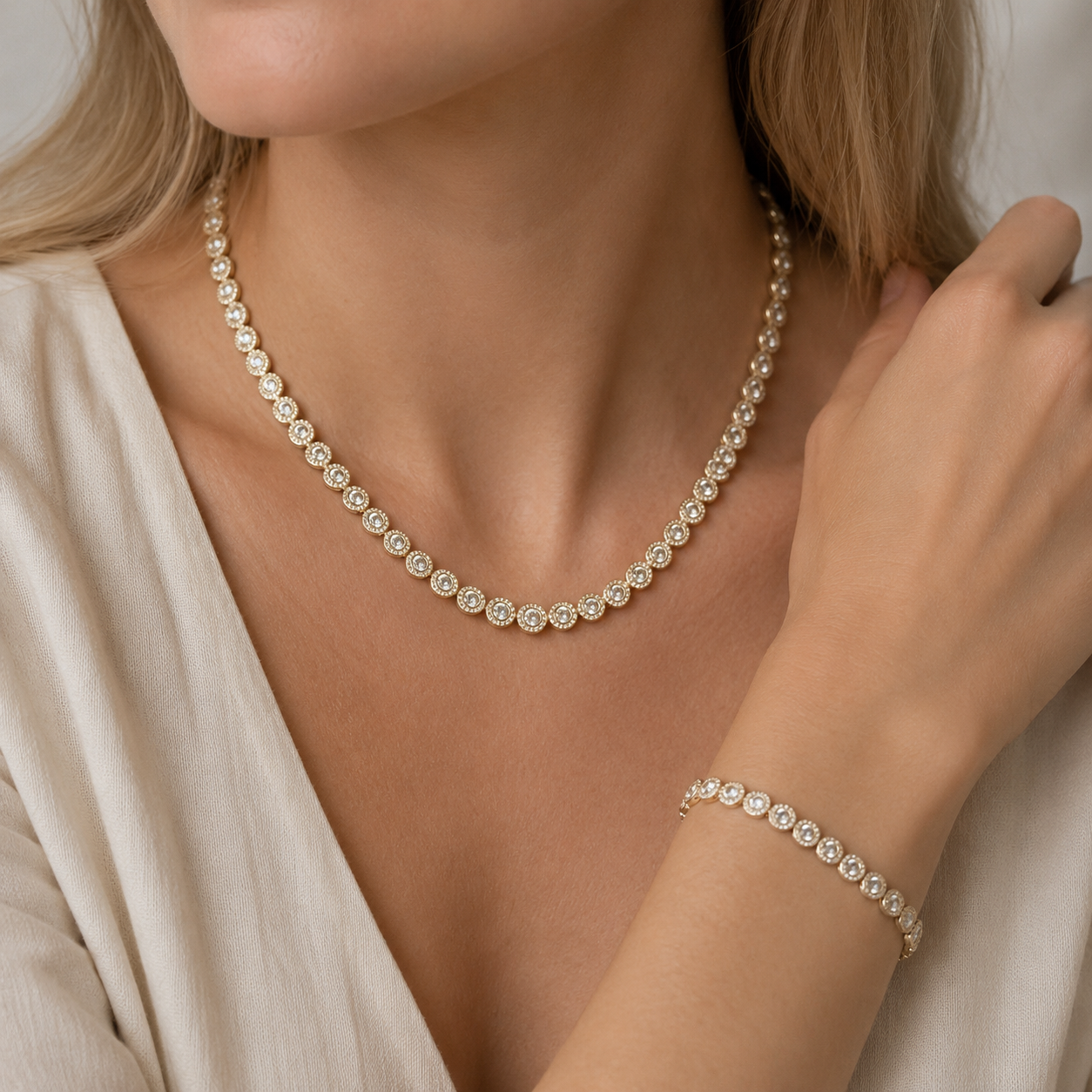 Victoria – Kette und Armband mit schimmerndem runden Knopf