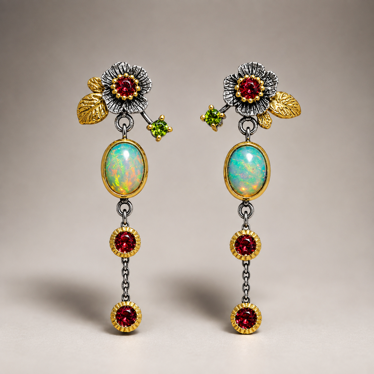 Zyra – Boho-Ohrringe mit Opal und rotem Zirkon