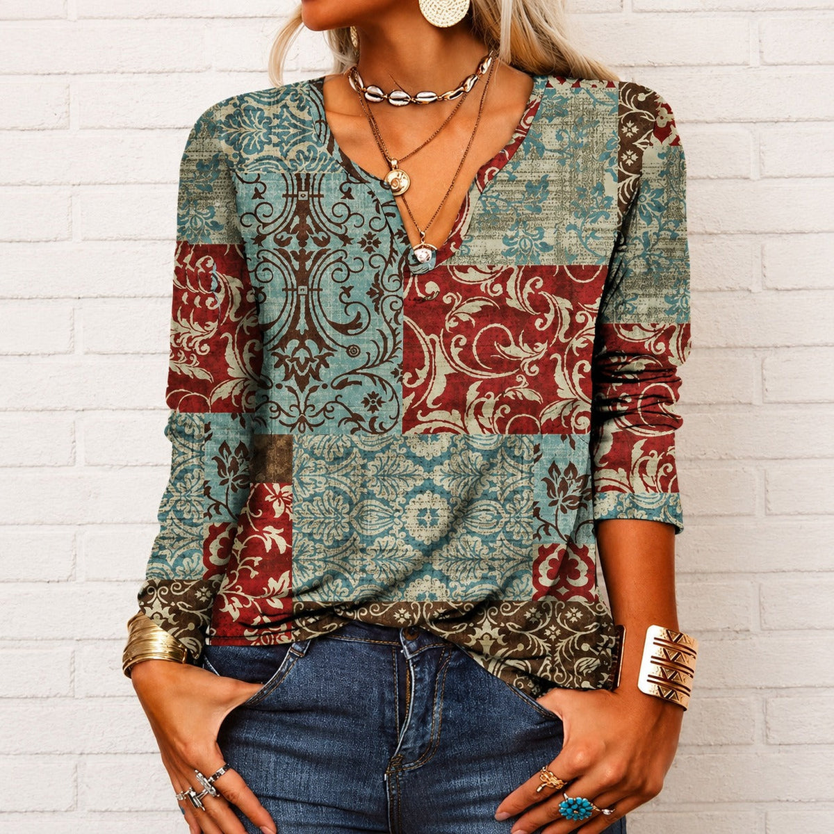 Katharina - Langarm-Boho-Oberteil mit V-Ausschnitt