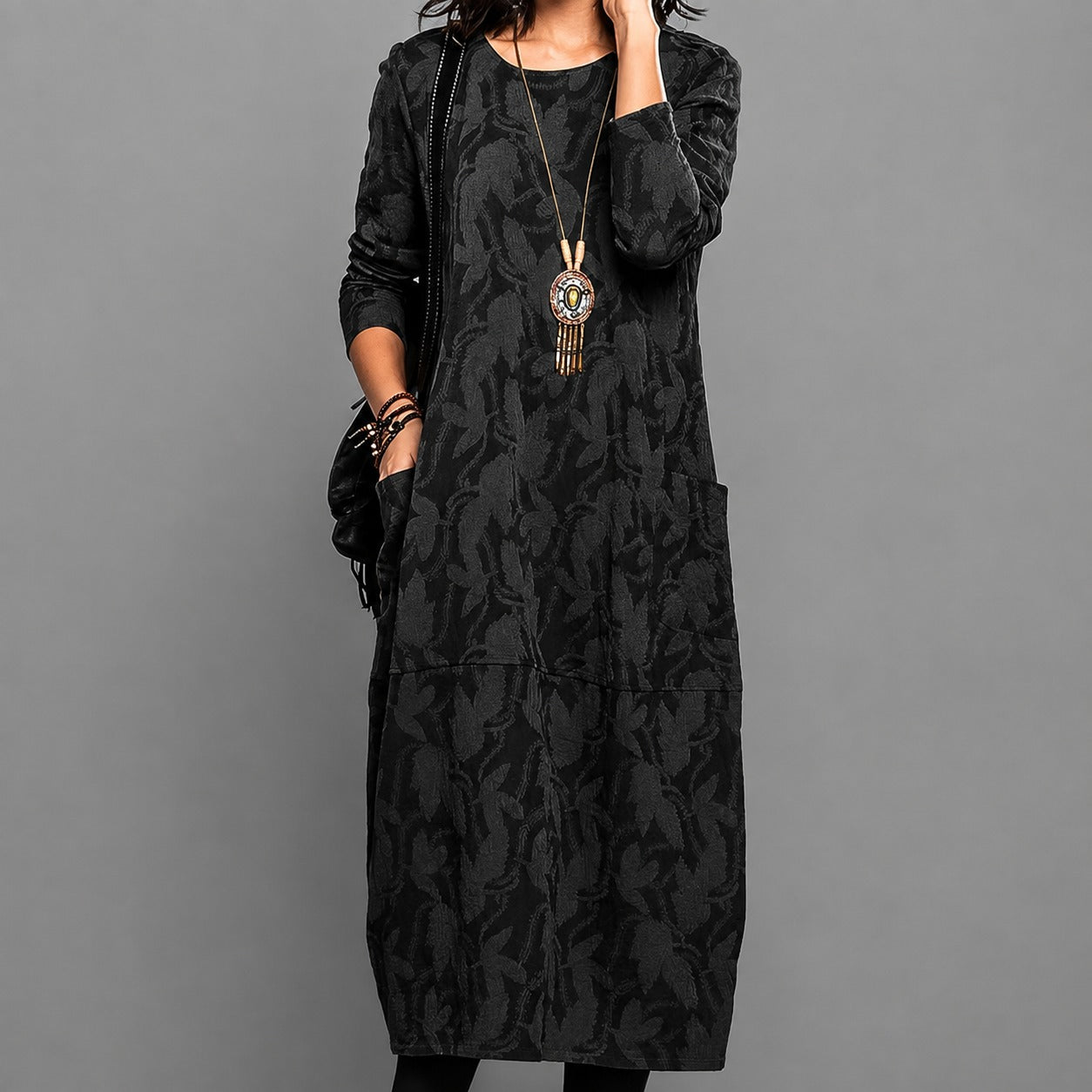 Alisha - Geblümtes Midi-Kleid mit langen Ärmeln