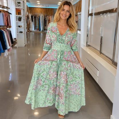 Jasmin - Elegantes Kleid mit V-Ausschnitt und Druck für Frauen