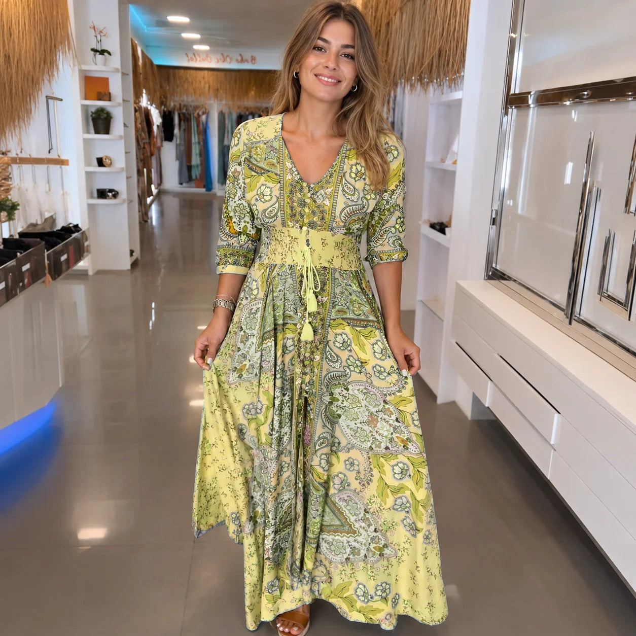 Jasmin - Elegantes Kleid mit V-Ausschnitt und Druck für Frauen