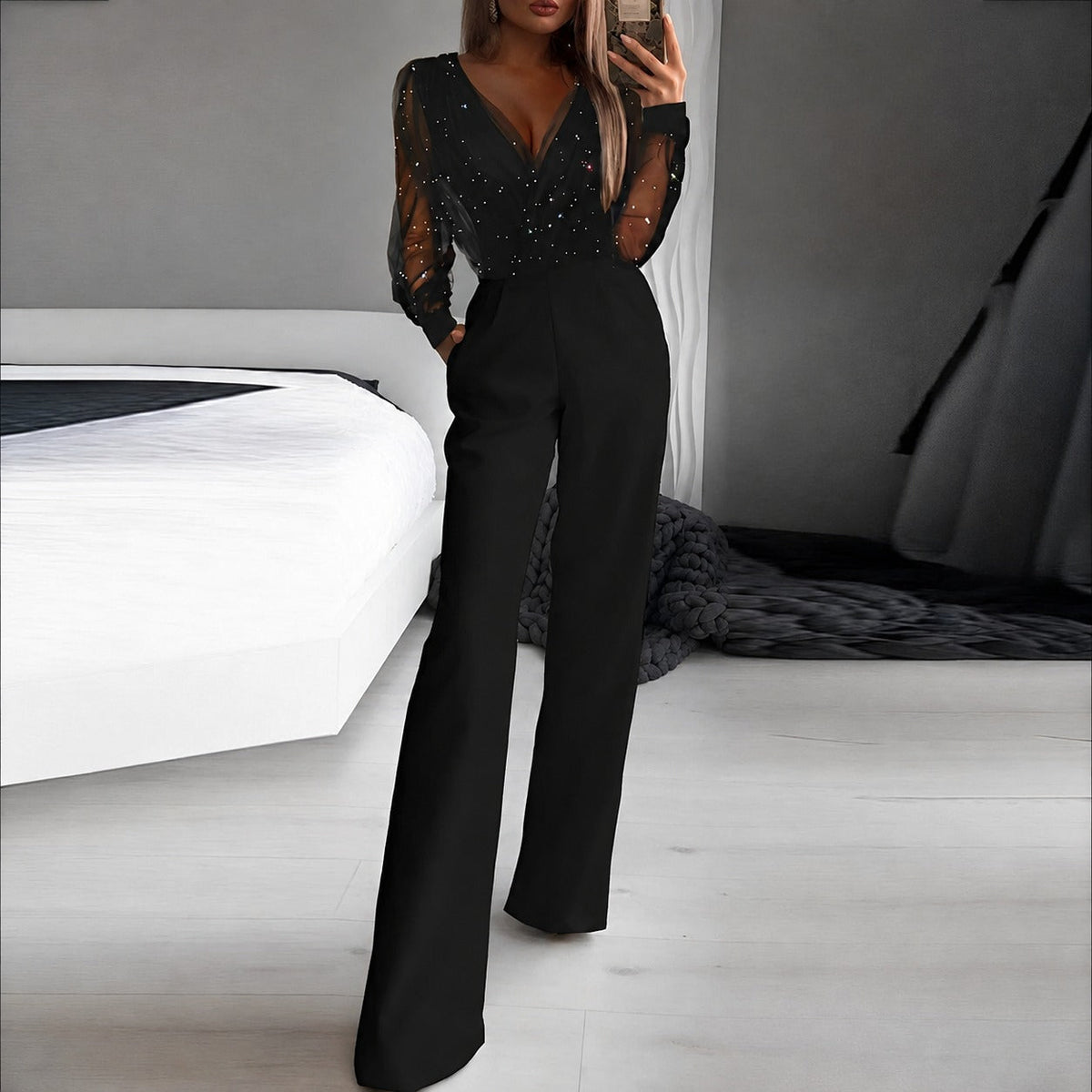 Catherina - Damen-Jumpsuit mit V-Ausschnitt und glänzendem Effekt