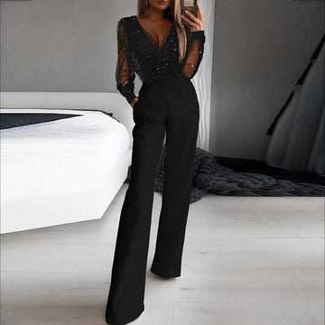 Catherina - Damen-Jumpsuit mit V-Ausschnitt und glänzendem Effekt