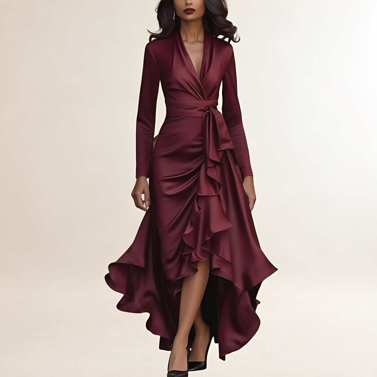 Abendkleid Damen Maxikleid mit Drapierung, Rüschensaum und Taillenschnürung