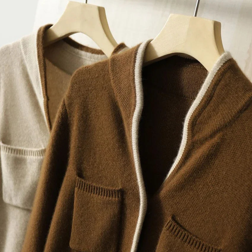 Cardigan für Damen - Knopfverschluss mit Taschen und Kontrastbesatz