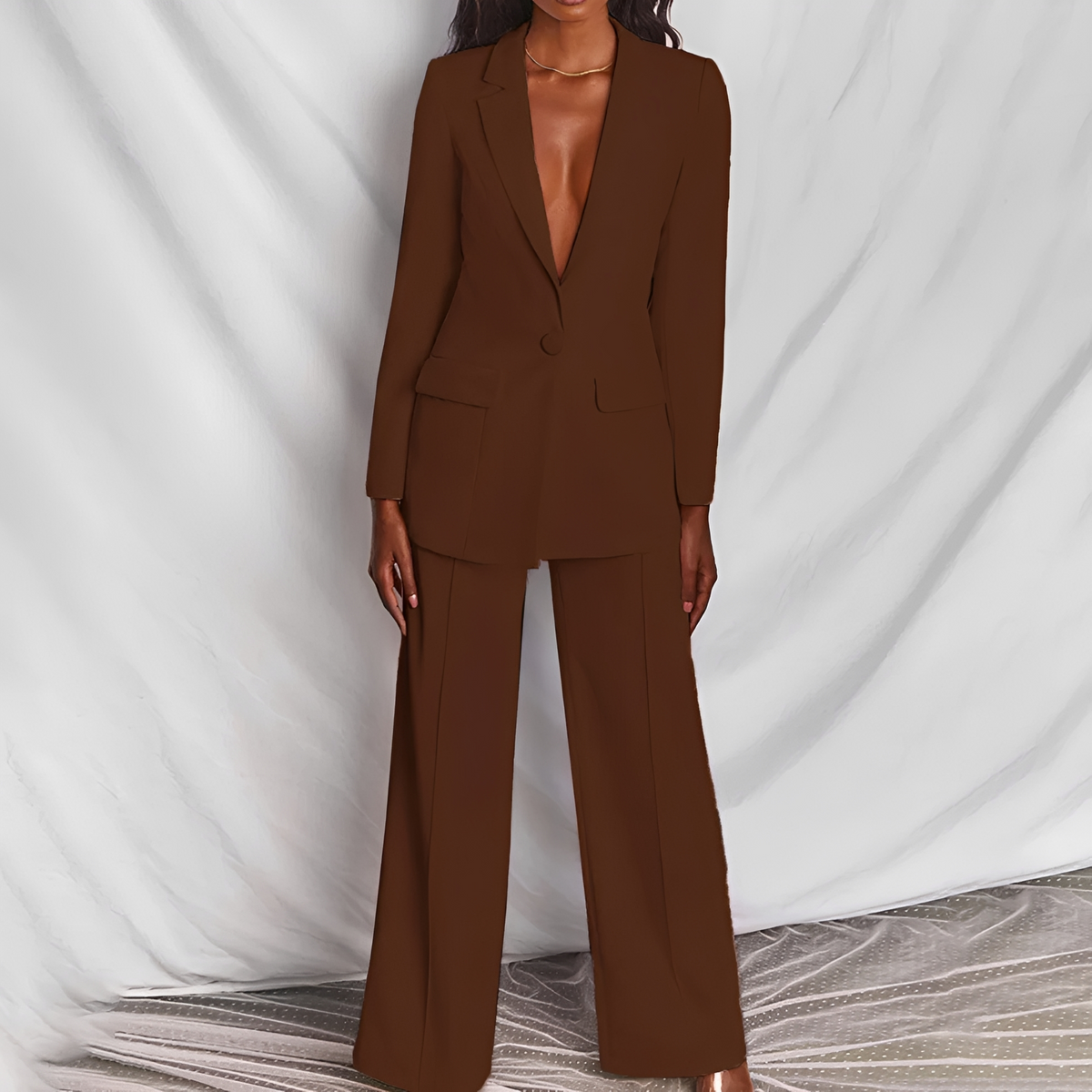 Damen Anzug Set Blazer und Weite Hose - Schlanker Schnitt mit Reverskragen