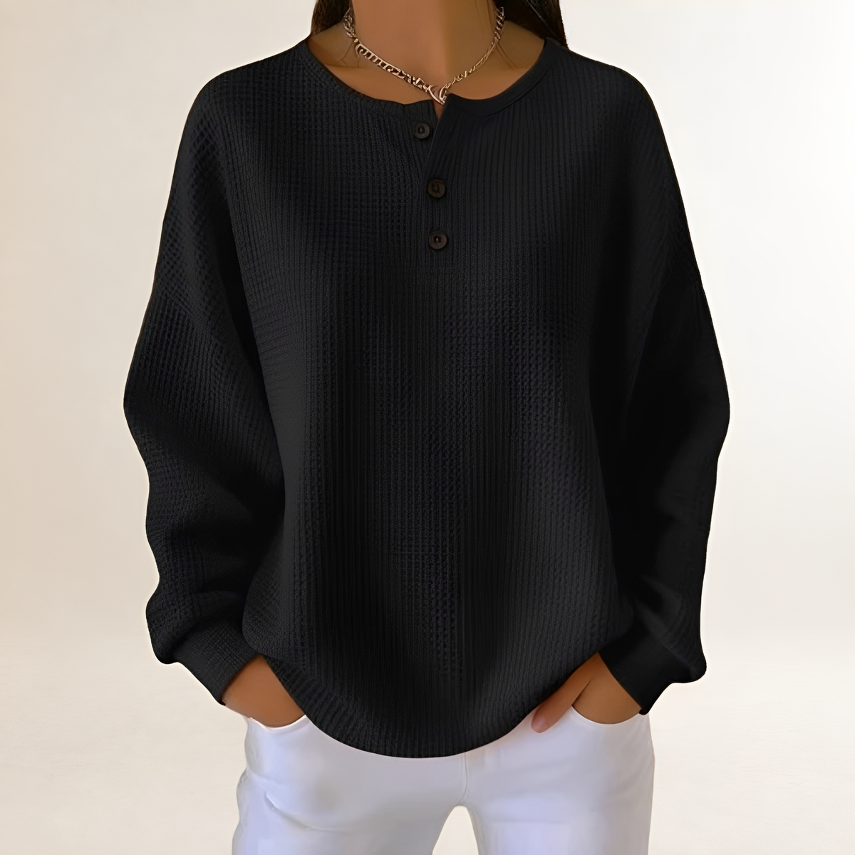 Damen bequemer Pullover mit Henley-Knopfleiste - Relaxte Passform, Waffelstruktur