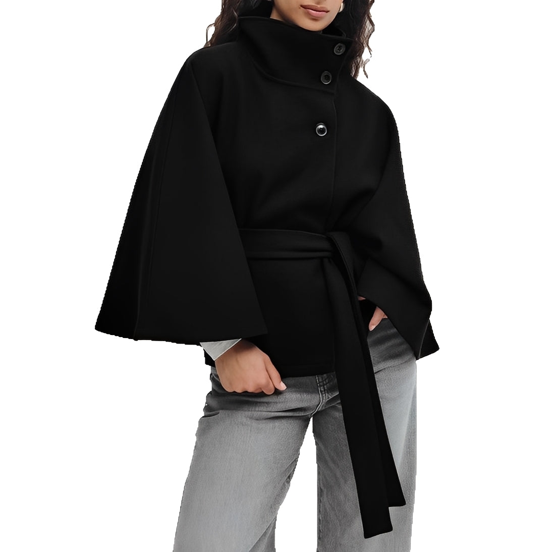 Damen-Übergangsjacke im Cape-Design mit Gürtel, Stehkragen und Knopfverschluss – Lockere Passform