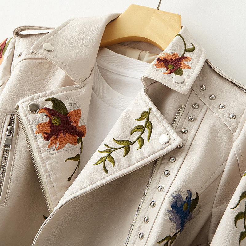 Damen Bikerjacke mit Blumenstickerei und Nieten-Details - Schmale Passform