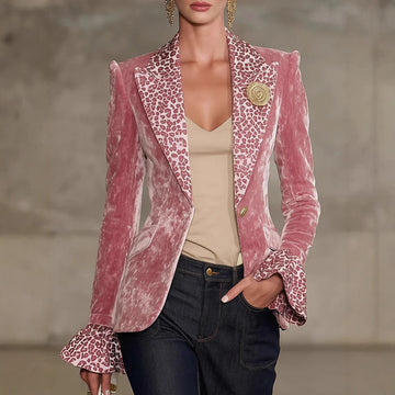 Damen Blazer Leo-Print mit Kontrast-Revers und Rüschenärmeln - Regulärer Schnitt