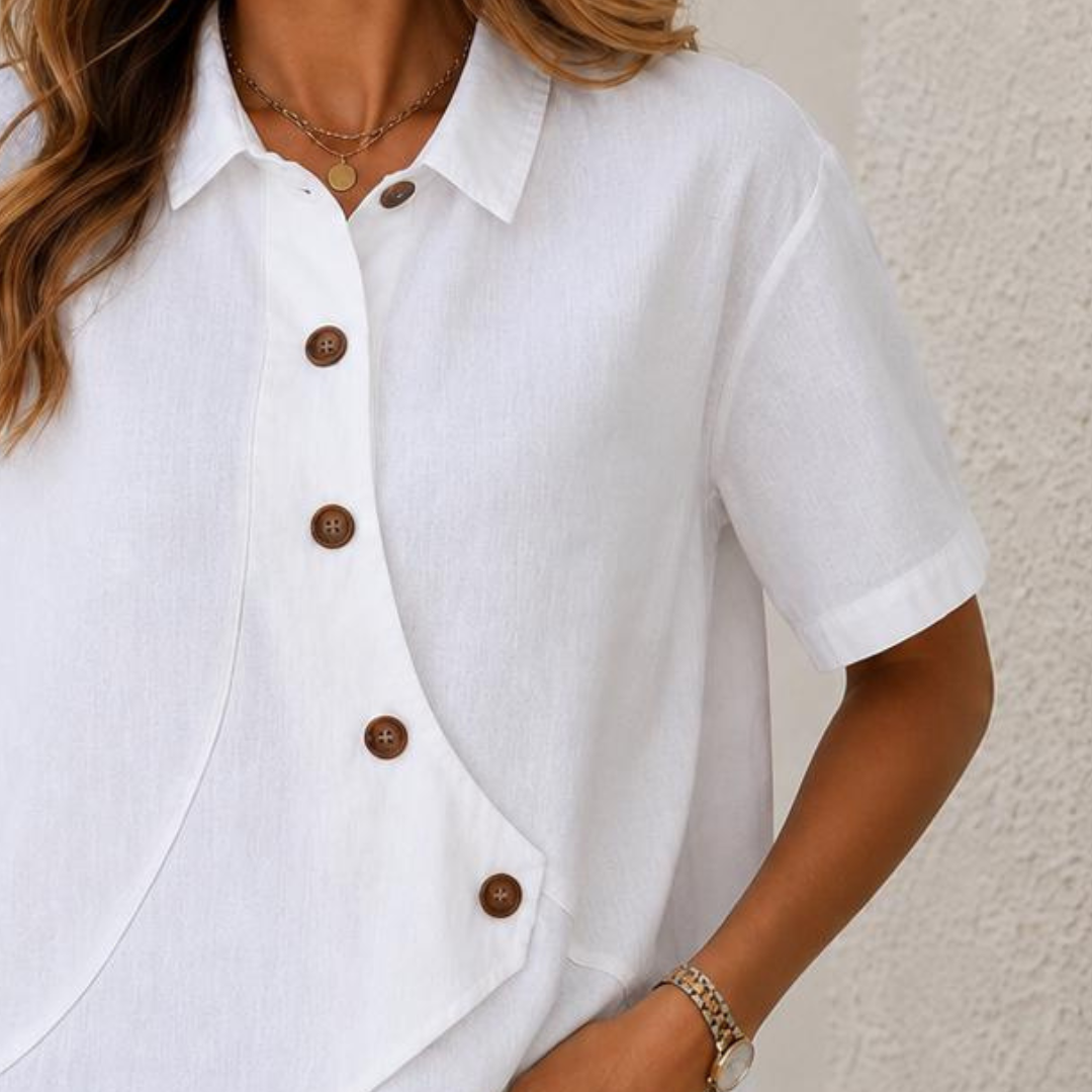 Damen Bluse Kurzarm mit Kragen - asymmetrische Überlappung mit Knopfverschluss, lockere Passform