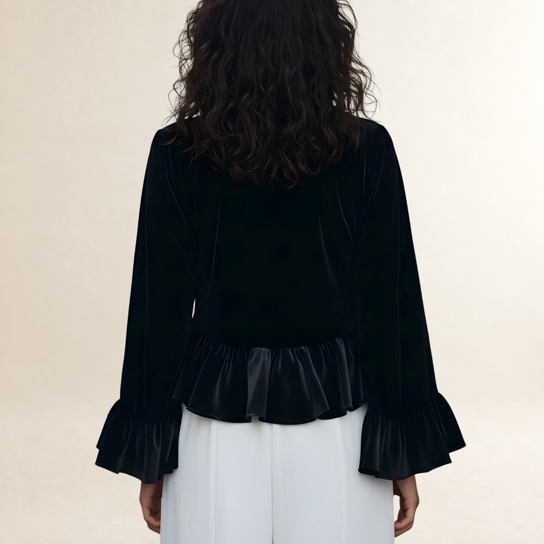 Damen Bluse Langarm Rüschensaum Rundhals Relaxed Fit
