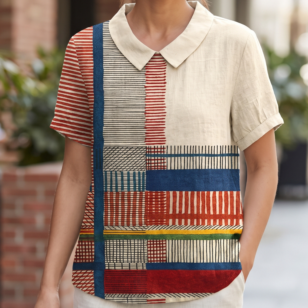 Damen Bluse mit floraler Stickerei, Hemdkragen, kurze Ärmel, lockere gerade Passform, hüftlänge mit abgerundetem Saum