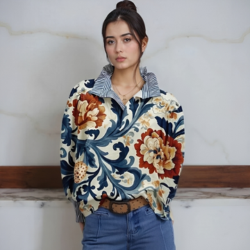 Damen Bluse mit Halbknopfleiste, Hemdkragen, lange Ärmel – lockere Passform, Alloverprint