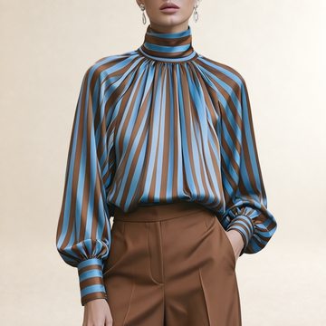 Damen Bluse mit hohem Kragen und Ballonärmeln - lockere Passform mit plissiertem Vorderteil