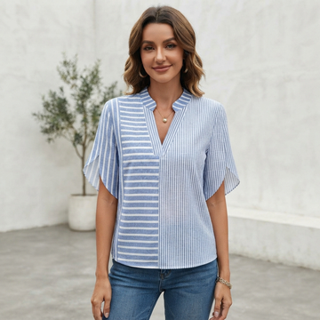 Damen Bluse mit Mandarinkragen und V-Ausschnitt, mittellange Ärmel, Seitenschlitze, lockere Passform