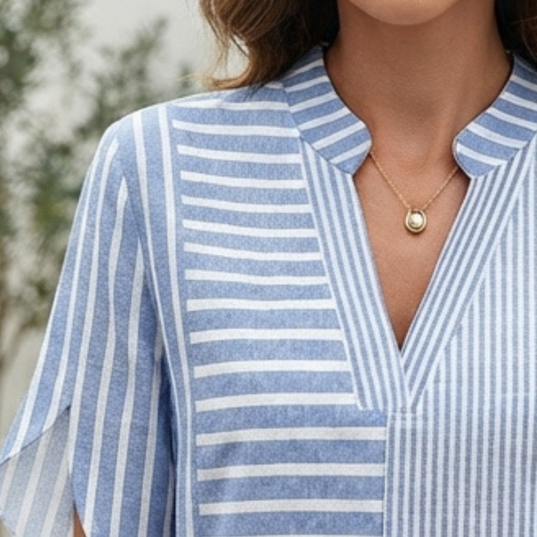 Damen Bluse mit Mandarinkragen und V-Ausschnitt, mittellange Ärmel, Seitenschlitze, lockere Passform