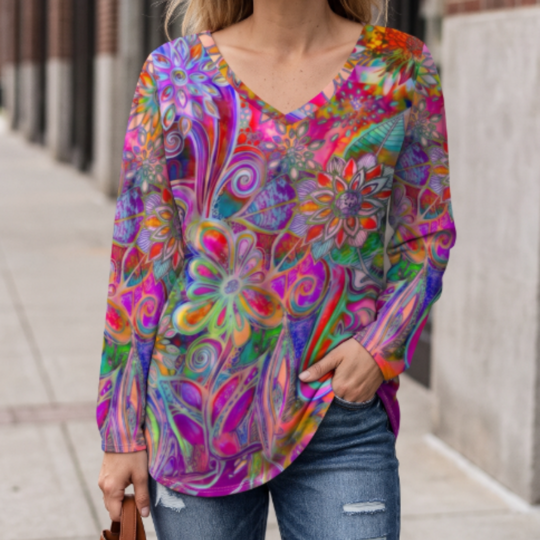 Damen Bluse mit V-Ausschnitt, lockere Passform, kurze Ärmel, Allover-Print
