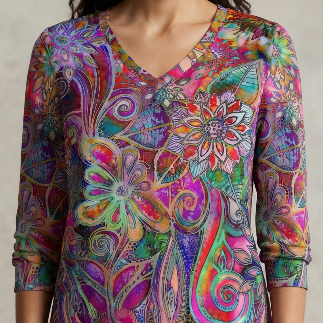 Damen Bluse mit V-Ausschnitt, lockere Passform, kurze Ärmel, Allover-Print