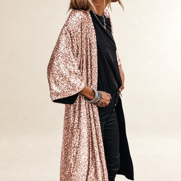 Damen Cardigan wadenlanger offener Cardigan mit Trompetenärmeln – reflektierende Verzierungen