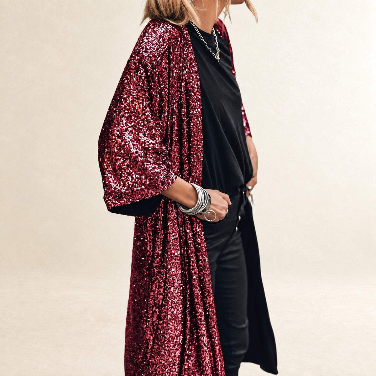 Damen Cardigan wadenlanger offener Cardigan mit Trompetenärmeln – reflektierende Verzierungen