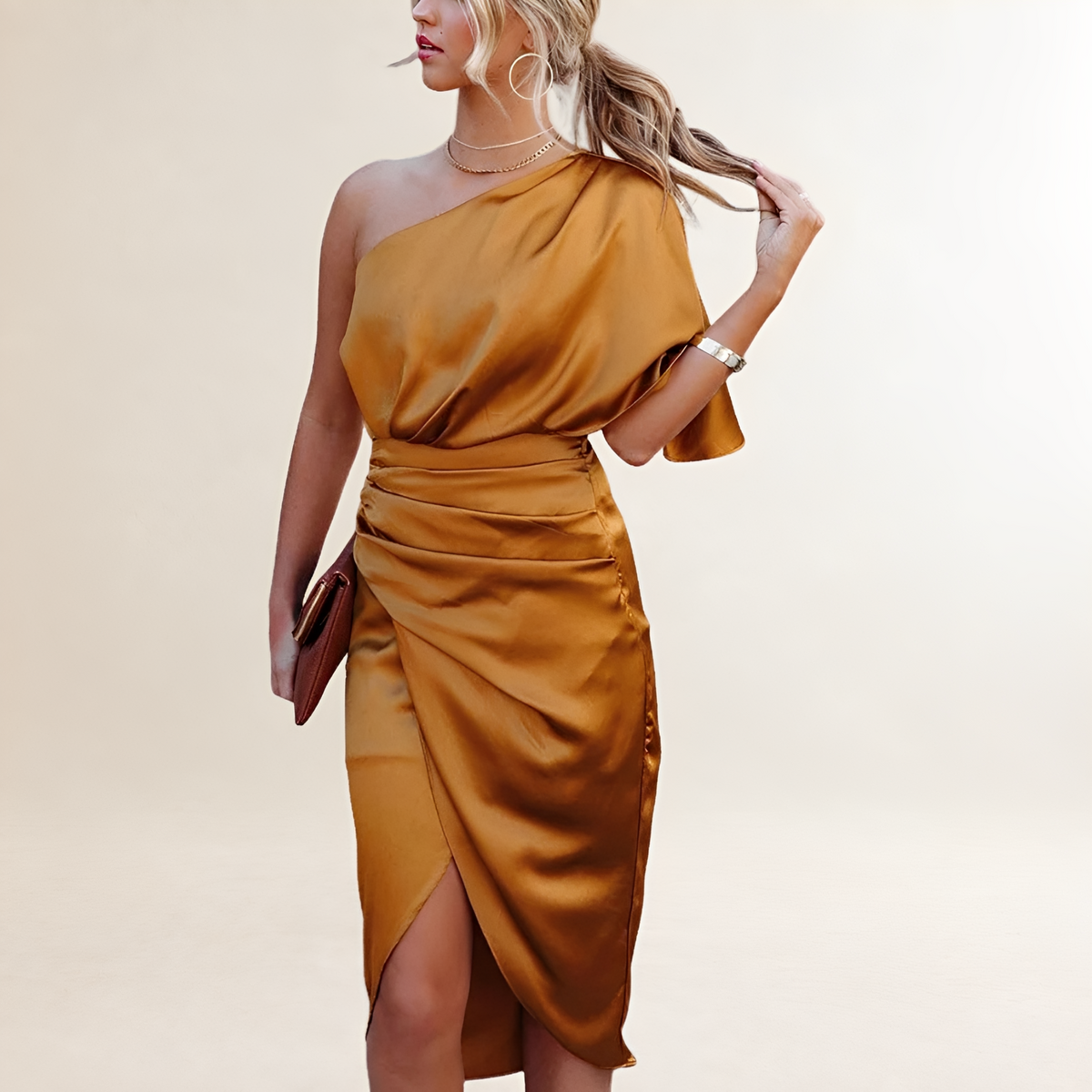 Damen-Ein-Schulter-Midi-Kleid mit Drapiertem Oberteil, Raffungen in der Taille und Frontschlitz