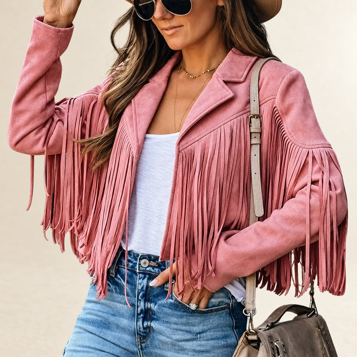 Damen Fransenjacke mit Reverskragen – kürz geschnitten, offene Front, lange Ärmel, reguläre Passform