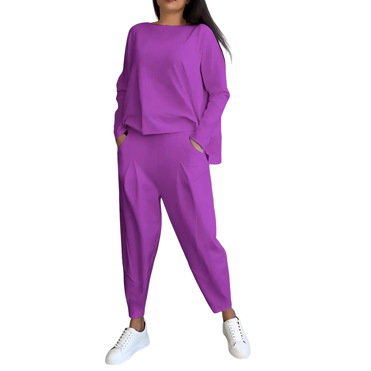 Damen Freizeitset aus langärmligem Oberteil und enganliegendem Hose mit elastischer Taille