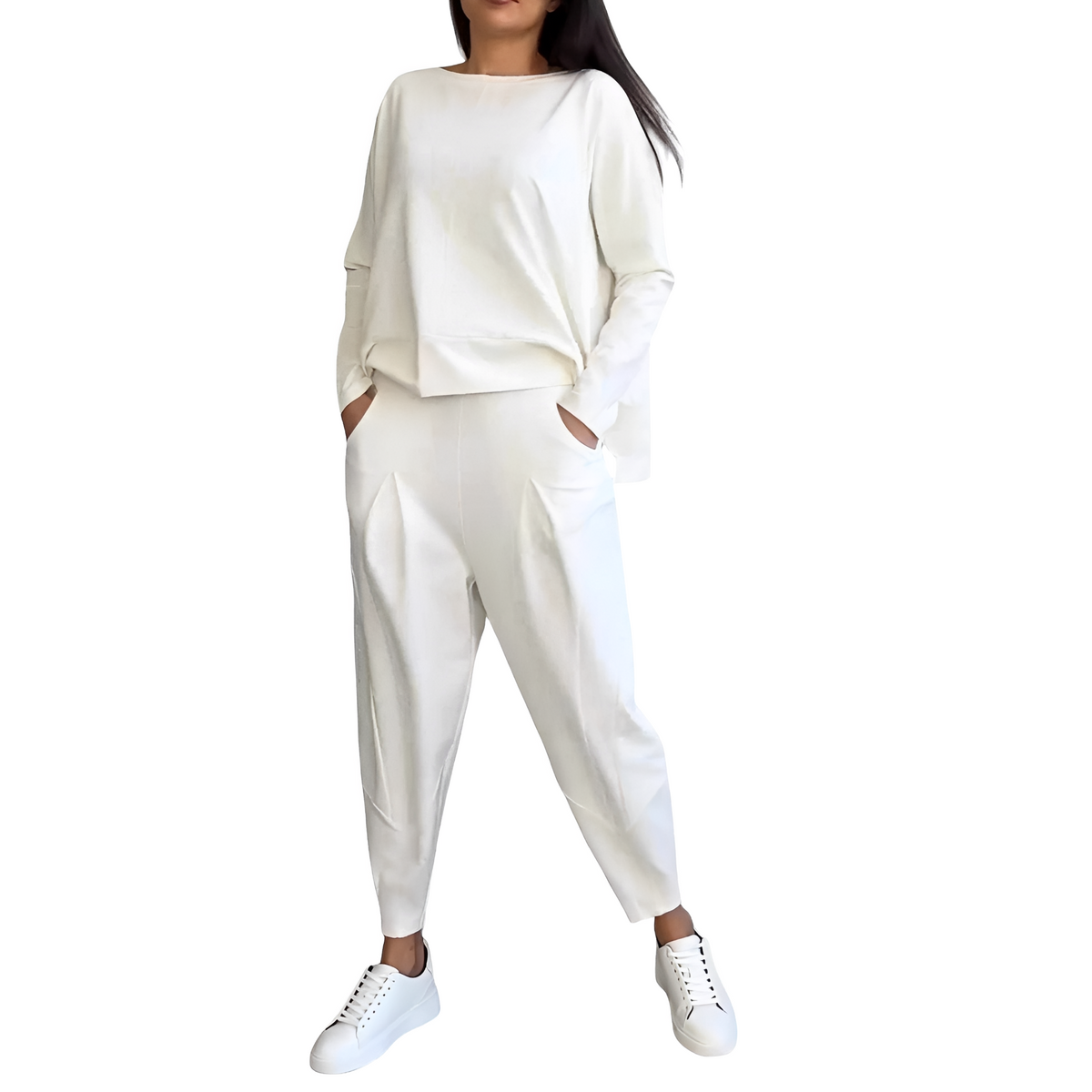 Damen Freizeitset aus langärmligem Oberteil und enganliegendem Hose mit elastischer Taille